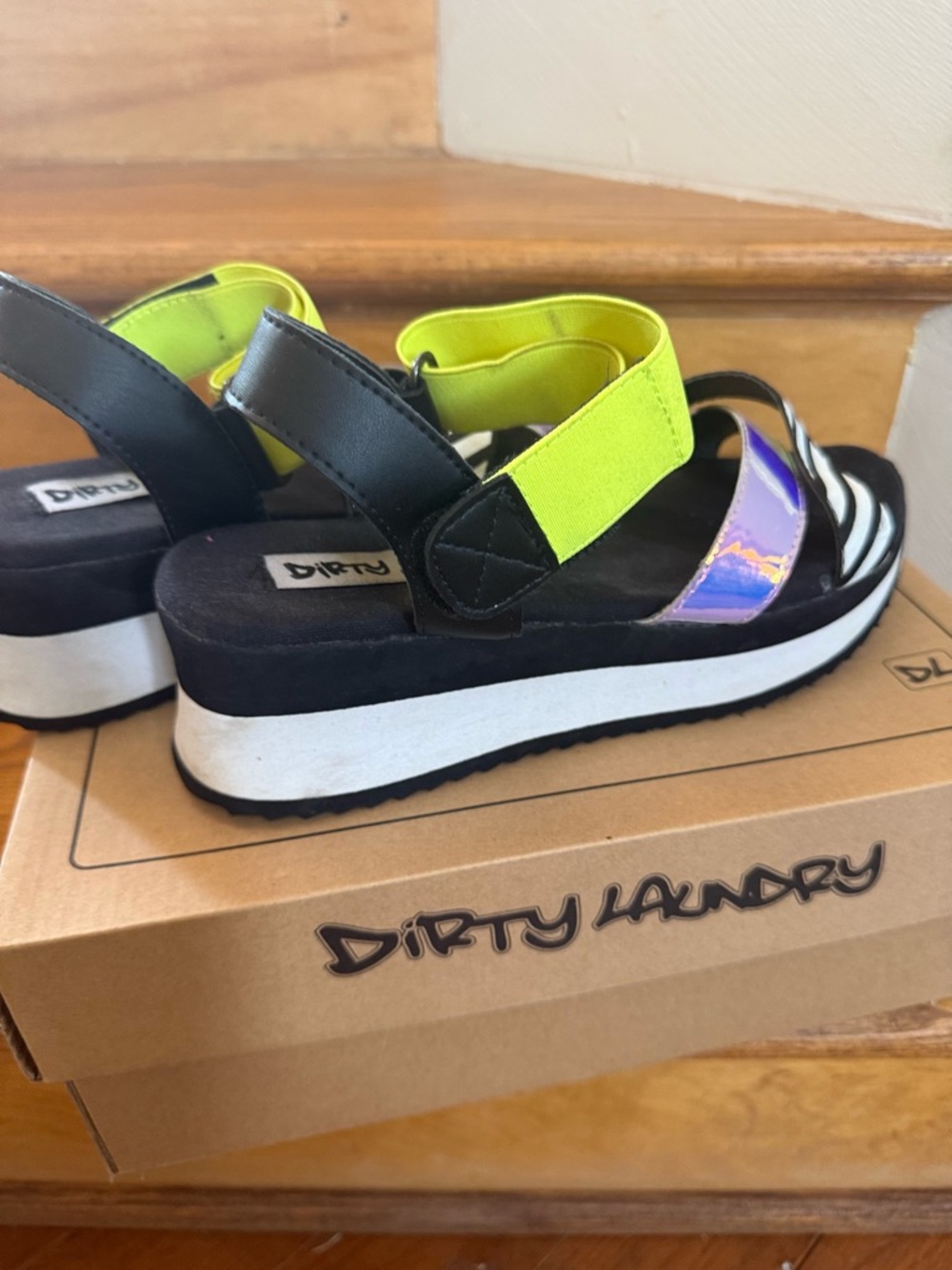 Dirty Laundry Neon Yellow, Black & White Striped Iridescent Wedge Sandals - Picture 5 of 6